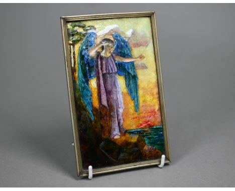 An enamel plaque, painted with an angel contemplating sunset over the sea, unsigned (in the manner of Phoebe Traquair), 16.5 