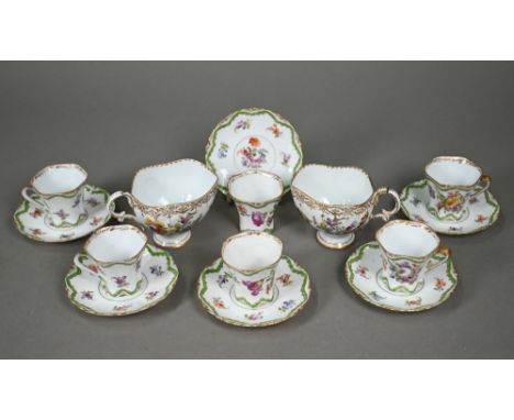 A pair of Dresden floral-painted cabinet cups to/w a set of six floral-painted Dresden coffee cups and saucers (8) 