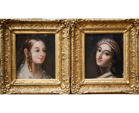 Two 19th century portrait studies of young ladies, one with ringlets, the other with striped headdress, oil on canvas laid on