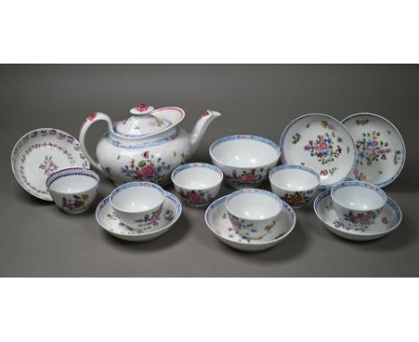 A Regency New Hall teapot painted with floral sprays, no 593 to/w five matching tea-bowls and six saucers, a similar tea bowl