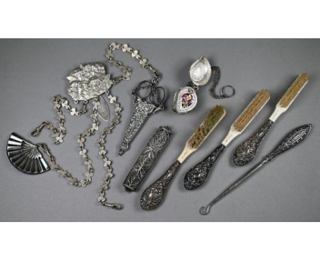 A Victorian silver fan-shaped pin-wheel Birmingham 1889 and a small scissors-case Birmingham 1899, on an ep chatelaine, to/w 