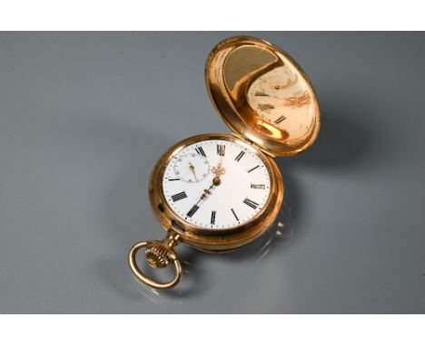 A continental 14K gold full hunter fob watch, the engine turned case with crown wind, the white enamelled dial with Roman num