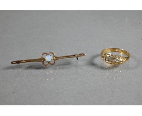 An 18ct yellow gold ring set five graduated diamonds, size N to/w a 9ct bar brooch (2) 