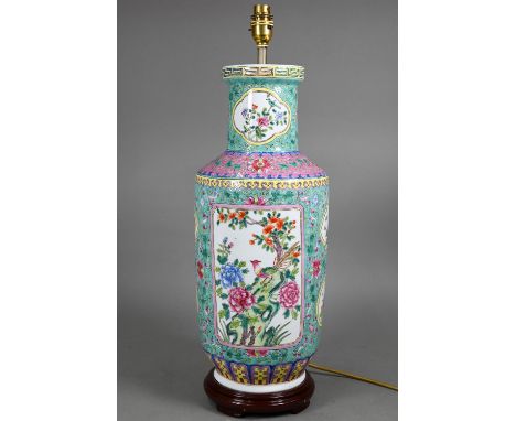 A 20th century Chinese famille rose turquoise and pink ground rouleau vase (mounted as a lamp) on hardwood stand, painted wit