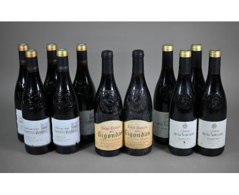 Twelve bottles of red wine - five bottles of Chateau des Hautes Robes, Vacqueyras, France, 2010; two bottles of Saint-Damien,