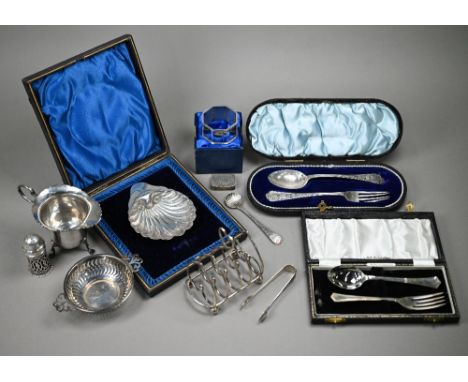 Various silver items, including heart-shaped toast rack, Birmingham 1912, cream jug, Birmingham 1916, two cased Christening s