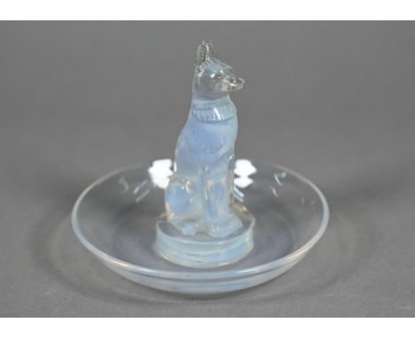 A Lalique blue opalescent glass 'chien' pin dish, script 'R Lalique France No 290' mark 9 cm high 