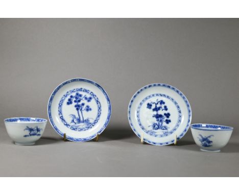 Two 18th century Chinese Nanking Cargo 'Blue Pine' pattern tea bowls and saucers, all with 'Christie's Lot 5563' paper labels