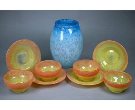 A set of four Vasart 12 cm bowls and 17cm saucers, with mottled red and yellow decoration to/w an ovoid vase with fading blue