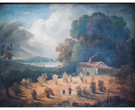 English school - Landscape at harvest time, oil on canvas, inscribed 'Constable' to reverse, 23 x 29 cm 