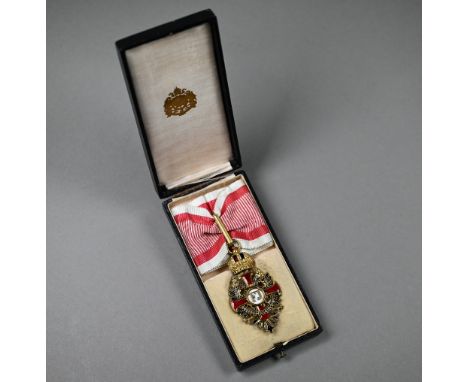 Imperial Austrian Order of Franz Joseph (1849), Commander's neck badge in gilt-bronze and enamels, on 'war ribbon', stamped w