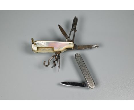 Two small pocket knives, one mother of pearl cased with various implements, the other engine turned white metal (2) 