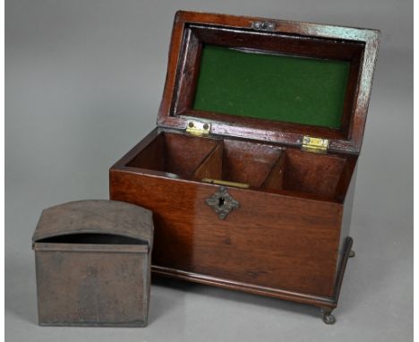 A Georgian three-division caddy-topped box, the hinge top with folding brass handles, raised on cast paw feet, 25 cm x 16 cm 