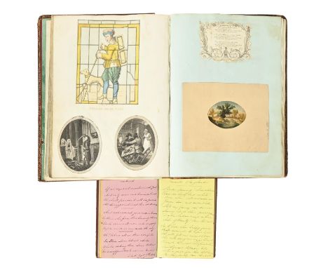 An early 19th c lady's drawing-room album cum commonplace book, n.d. [the binding c. 1830],&nbsp;approx. [70]ff of typical ma