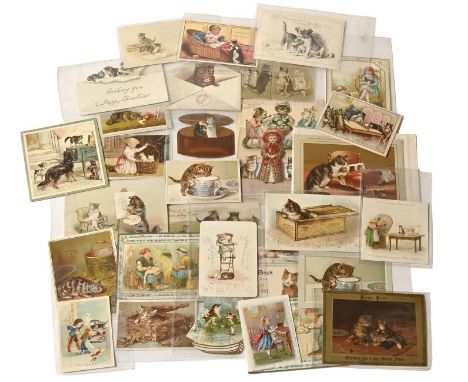Christmas Greetings Cards. Thirty-three cards featuring cats, 19th/early 20th c,&nbsp;including a party of five cats playing 