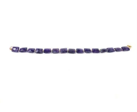 A boxed, 9 ct yellow gold and cushion-cut, amethyst bracelet, composed of fifteen, cushion-shaped, faceted, natural amethysts