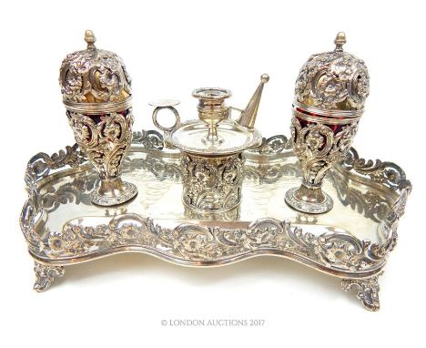 A mid Victorian hallmarked silver inkstand, George John Richards & Edward Charles Brown, engraved 'To the Hon..ble Henry Coll