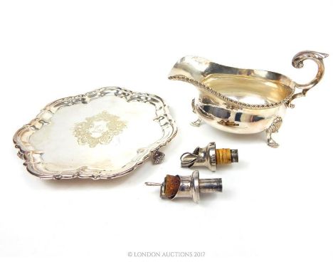 A silver plated card tray, William Hutton & Sons, 20cm diameter, together with a Harrison Brothers & Howson sauce boat, and t