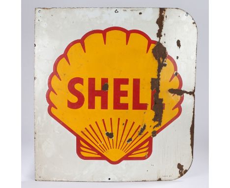 Shell enamel sign, the white ground with yellow and red shell to the centre, rounded corners to the right hand side, 71.5cm x