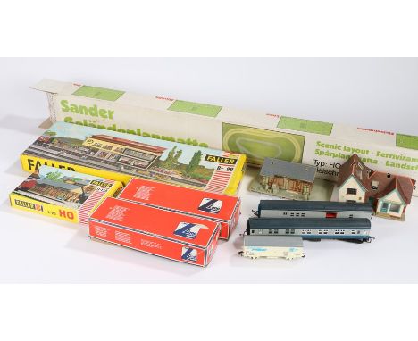 Model railway accessories, to include Sander faux grass model layout, Faller B-99 station building and B-155 building, two Li