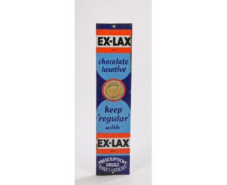 Ex-Lax enamel sign, "Ex-lax brand chocolate laxative, keep regular with Ex-lax brand, prescriptions, drugs, toilet articles",