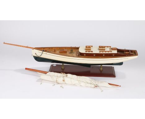 Model schooner, with single mast, mounted on a plinth base, 78cm