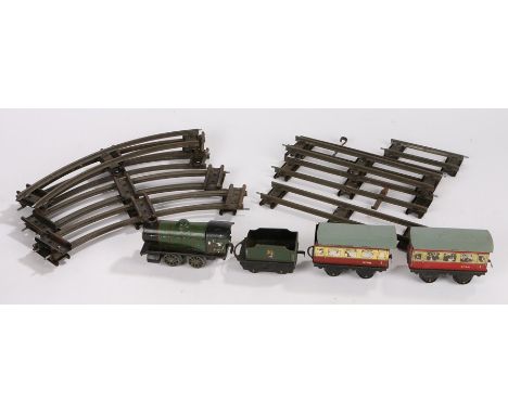 Hornby O Gauge Clockwork Train Set, with BR green locomotive 60985, tender and two 9798 carriages, together with track 