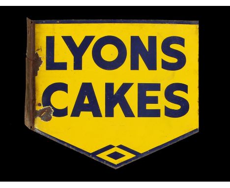 Lyons Cakes enamel shop sign, in blue and yellow enamel, with angled wall mount, 45.5cm x 39.5cm