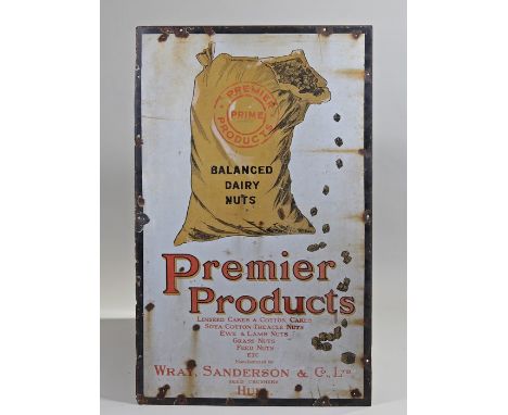 Premier Products enamel sign "Premier Prime Products, balanced dry nuts" Wray, Sanderson &amp; Co, Hull, 77cm x 122cm