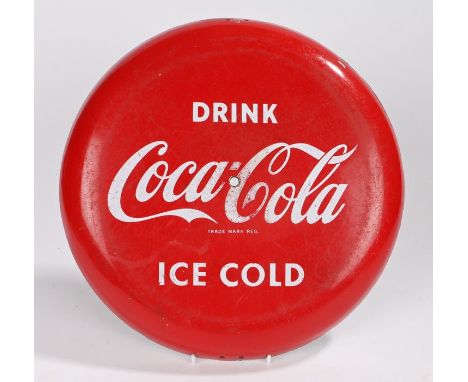 1950's red enamel Coco Cola advertising sign, "DRINK COCA-COLA ICE COLD", 36cm diameter