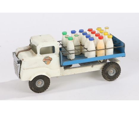 Tri-ang tinplate model of a Milk Float, with bottles to the back on a blue panel and white body