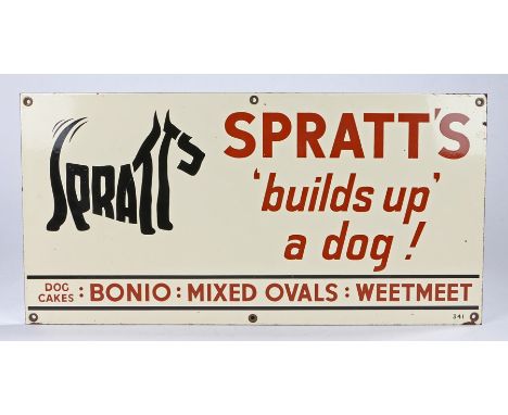 Enamel advertising sign, "Spratt's 'builds up a dog!' dog cakes: bonio: mixed ovals: weetmeet"61cm x 30.5cm. The sign has bee
