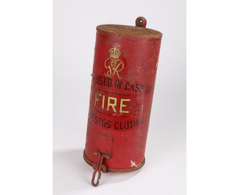 George VI fire blanket case, in red enamel with 'GRVI To be used in case of FIRE asbestos cloth' 36cm high