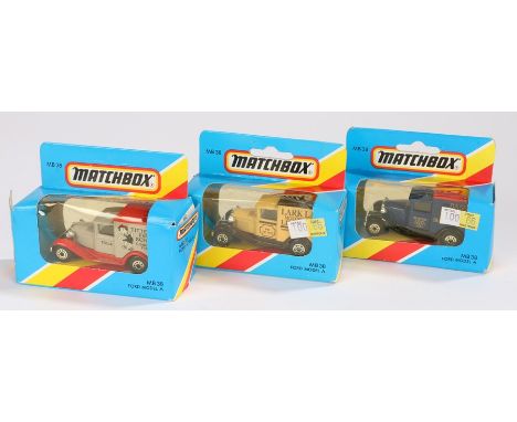Matchbox, circa 1981, to include three boxed cars each MB38 Ford Model A in different designs, boxed as new (3)