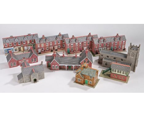 Railway/village model buildings, stations, platforms, terraced houses, trees, buildings etc. (qty)