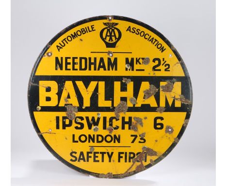 AA Automobile Association circular enamel sign, with yellow and black lettering "Automobile Association AA, Needham Market 2 