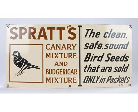 Enamel advertising sign, "Spratt's canary mixture and budgerigar mixture, the clean, safe, sound bird seeds that are sold onl