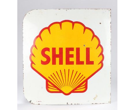 Shell enamel sign, the white ground with yellow and red shell to the centre, rounded corners to the left hand side, 71.5cm x 