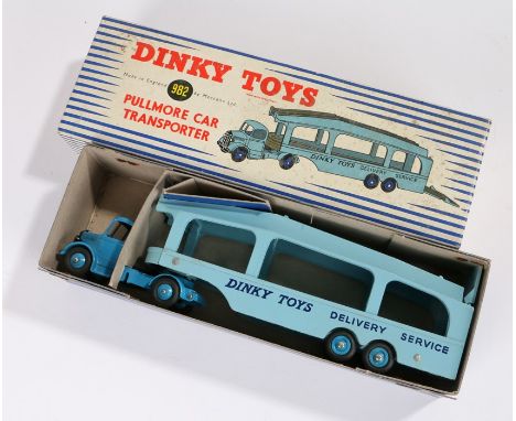 Dinky Toys Pullmore Car Transporter 982, the cab in deep blue with a light blue car transporter with the text Dinky Toys Deli