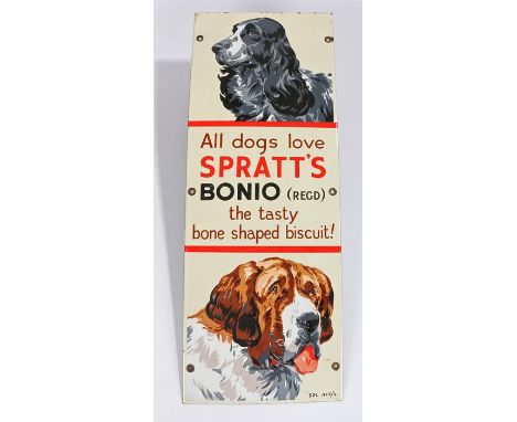 Enamel advertising sign, "All dogs love Spratt's bonio (reg'd) the tasty bone shaped biscuit!" with depiction of a spaniel an