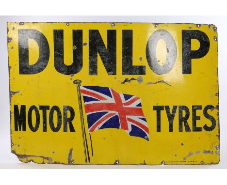Dunlop enamel sign, the yellow ground with black lettering "Dunlop Motor Tyres", with central fluttering Union Jack, 183cm x 