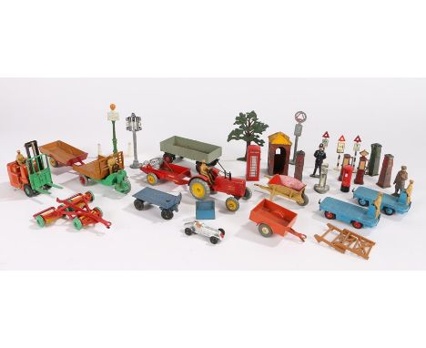 Dinky machines, to include Fork lift trucks, trailers, farm machines and tractor, together with trees, fences, telephone box,