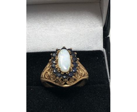 9ct Gold Opal &amp; Sapphire Halo Ring (4.2g)