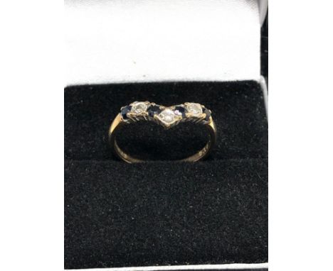 9ct Gold Vintage Sapphire &amp; Diamond Wishbone Ring (1.8g)