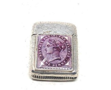 Victorian silver vesta case with enamel stamp detail