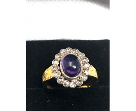 Fine antique cabochon amethyst &amp; rose diamond ring central amethyst measures approx 8mm by 6mm with 15 old cut rose diamo