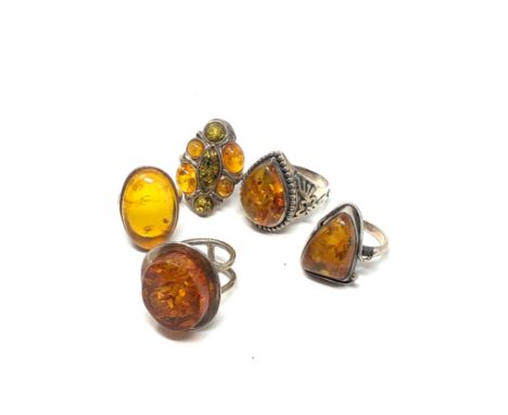 5 X Vintage Sterling Silver Amber Rings (47g)