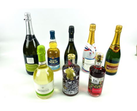 Eight bottles of alcohol: a 75cl bottle of Vino Spumante Prosecco; together with a 70cl bottle of Glen Moray single malt Scot