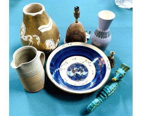 A quantity of studio pottery to include Hornsea and an Alvin F. Irving bowl, diameter 30cm. Estimate: £30-50.