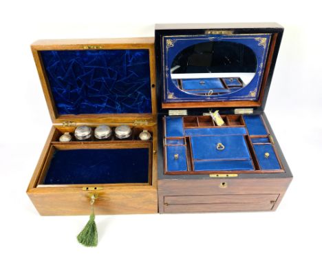 A 19th century ladies vanity case with a fitted interior over push button and spring loaded drawer opening to reveal a writin